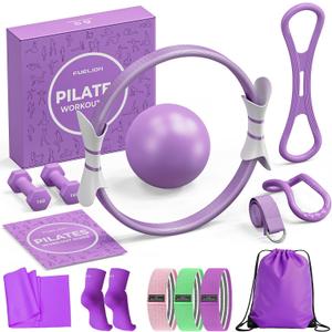 Pilates Ring Set for Women, Home Workout Pilates Equipment with Resistance Bands, 14'' Magic Circle, Mini Ball, Pilates Starter Kit for Strength, Toning and Flexibility