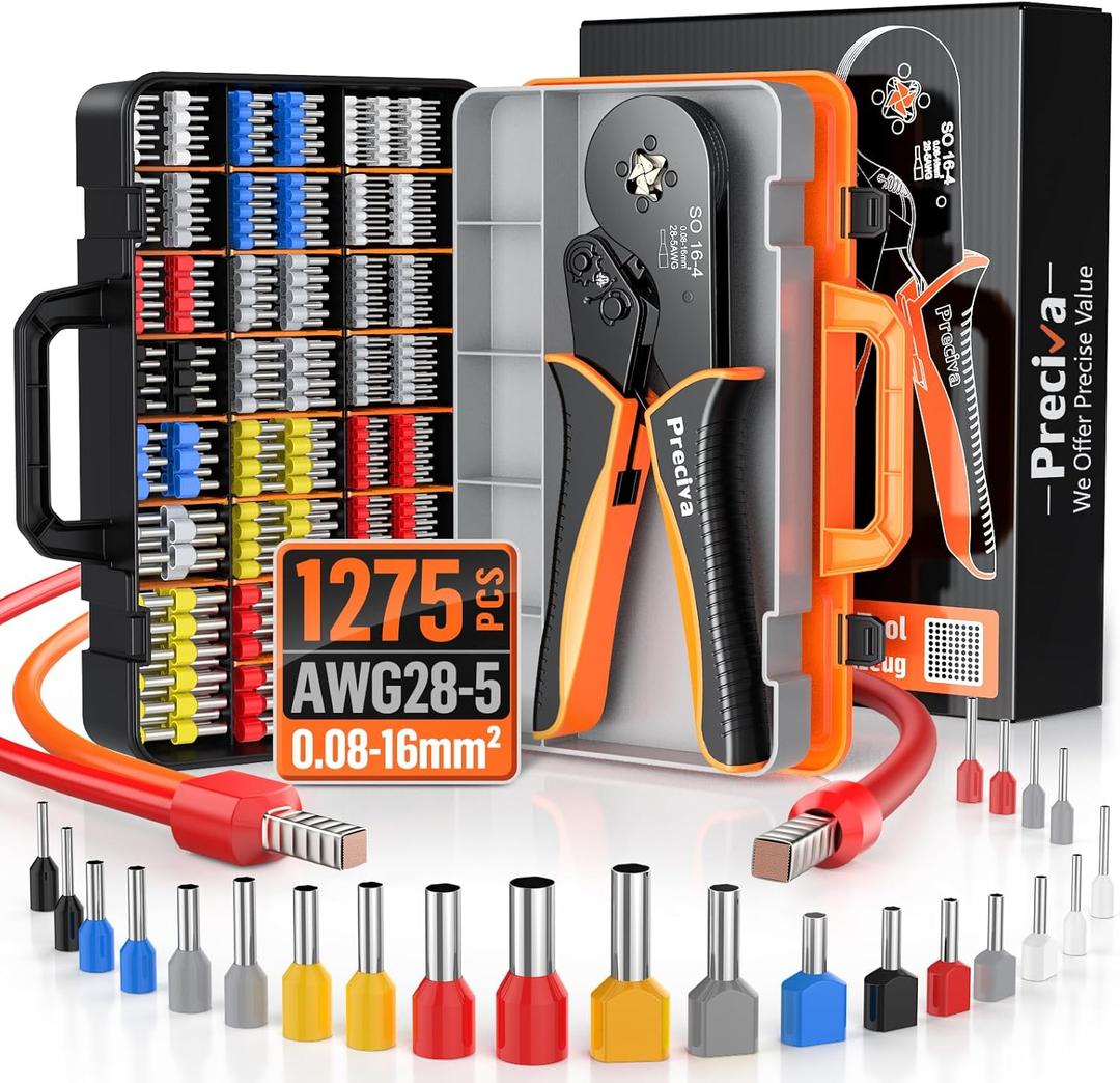 Preciva Ferrule Crimping Tool Kit - AWG 28-5 Self-Adjusting Ratchet Crimper with 1010Pcs Single & 265Pcs Twin Ferrules | Wire Terminal Connectors Kit