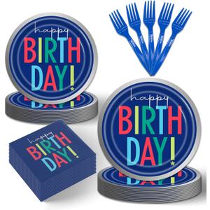 96Pcs Blue Party Decorations for Men Blue Birthday Paper Plates Napkins and Forks Happy Birthday Party Supplies