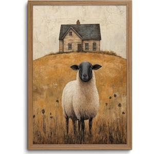 Framed Sheep Wall Art Farmhouse Wall Decor Country Retro Print 16x24 Inch