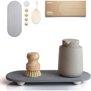 Instant Dry Sink Caddy Organizer  Water Absorbing Stone Tray for Kitchen Bathroom Countertop, Fast Drying Sink Caddy (with Wooden Feet and Natural Loofah, Gray)