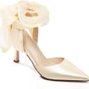 Womens Lace up Satin Heels Bow Pointed Closed Toe Bridal Dress Shoes Low Heel Wedding Elegant Pumps