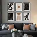 Framed Boho Black and White Brown Modern Abstract Wall Art for Living Room, Set of 6 Bohemian Wall Hanging Artwork, Minimalist Sun Geometric Pictures for Bedroom Office Bathroom Wall Decor 11x14 Inch