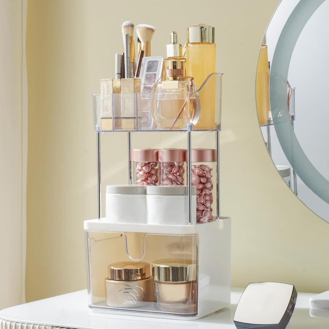 FORUP Makeup Organizer for Vanity, 2-Tier 1-Drawer Bathroom Counter Organizer, Multi-Purpose Vanity Organizer, Skincare Perfume Organizers, Cosmetic Dresser Organizer for Vanity Countertop, Clear