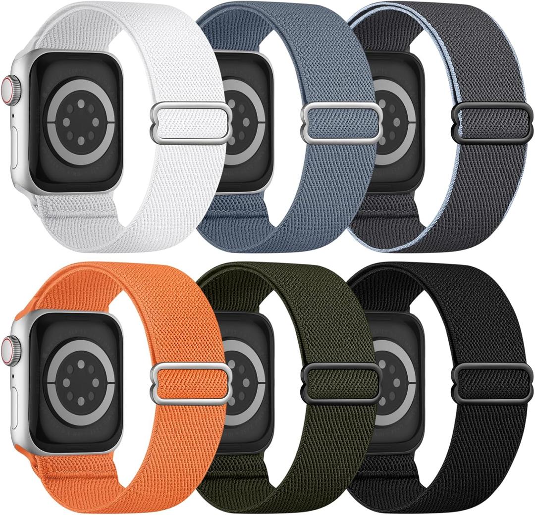6 Pack Stretchy Solo Loop Compatible with Apple Watch Band Size: 42(Series 3)/44/45/49mm  Men Women, Braided Elastic Nylon Strap (Black/DarkGrey/BlueGrey/ArmyGreen/Orange/White)