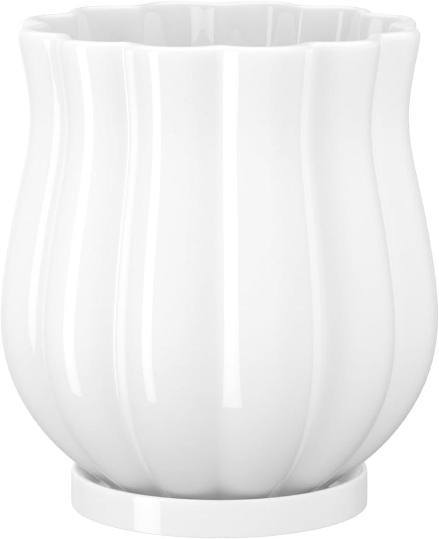 Ceramic Planter, 5.8 5.8 6.6 Inches Plant Pot with Drainage Hole and Saucer, Indoor Outdoor Planter Flower Pots, White Pot for Plants