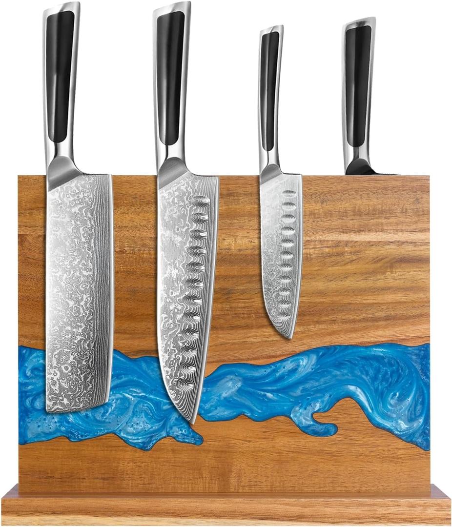 magnetic knife holder - Acacia wood Magnetic Knife Block, Magnetic Knife Storage with double-sided magnetic, blue resin river, 12.59 9.84 inches (Without knife)