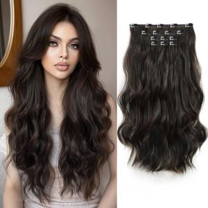 Long Hair Clip in Extensions 4PCS Seamless Clips ins for Women Non-Weft Wavy Easy Hairpieces Charming Wave Synthetic Fiber 22 Inch Full Head Breathable and Soft for Daily Use Natural Black
