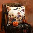 Weysat Halloween Horror Throw Pillow Covers 18 x 18 Inch Set of 4 Halloween Pillow Case Wildflower Pumpkins Ghost Bat Pattern Seasonal Decorative Horror Cushion Case Decoration for Home Sofa Couch Bed