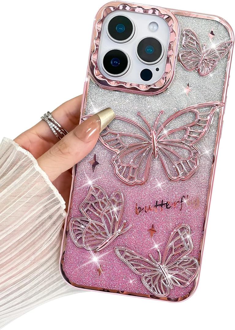 BITOBE Designed for iPhone 16 Pro, Cute 3D Butterfly Case Slim Plating Glitter Bling Luxury Cover for Women Girls Protective Camera Protection Bumper 6.3" Pink
