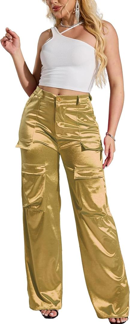 Womens High Waisted Satin Cargo Pants Loose Fit Wide Leg Trousers with Pockets Trendy Outfit (XX-Large, 05 Light Gold)