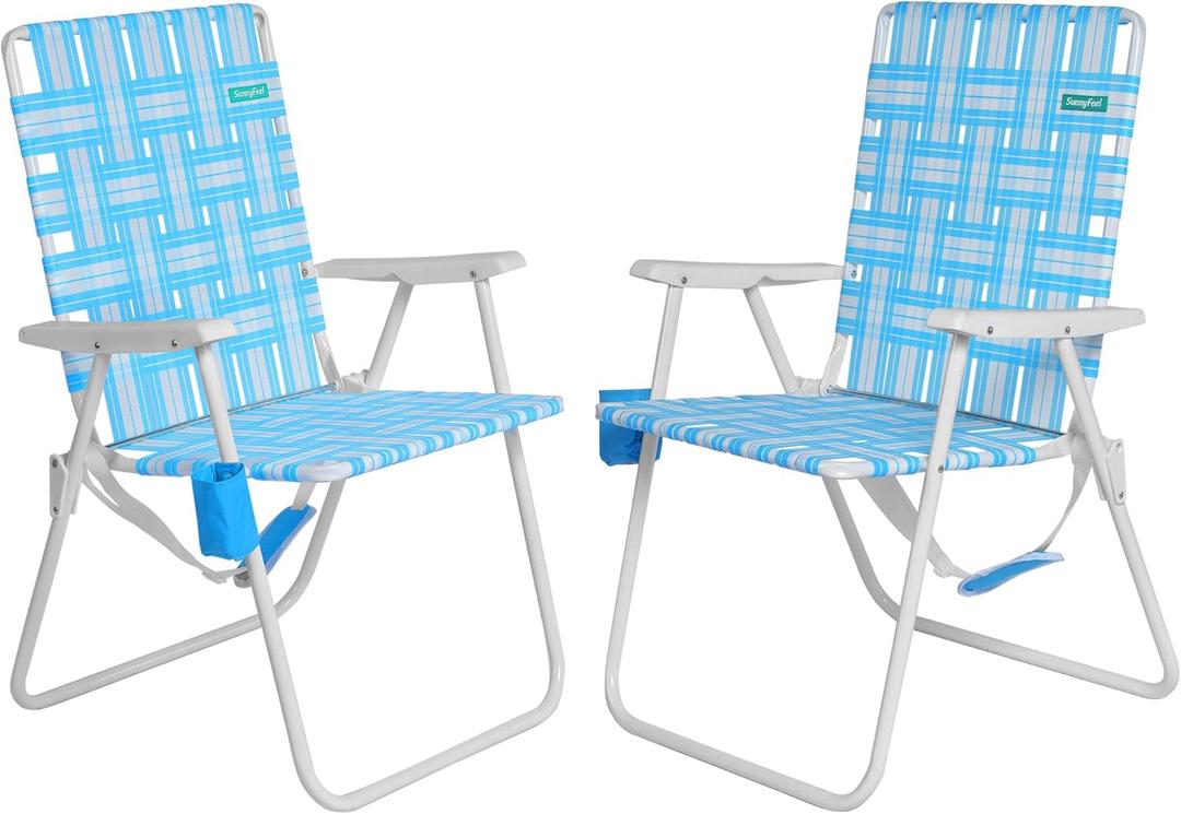 SunnyFeel 15" Tall Folding Webbed Lawn Beach Chair for Adults 2 Pack, Oversized Portable High Seat Sand Chair Heavy Duty 300 LBS, Foldable Camping Chairs for Camp/Outdoor/Picnic/Concert/Sports