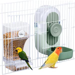 No Mess Bird Feeder & Water Dispenser Set - Automatic Feeding & Hydration, Parakeet Cage Accessories for Parrots, Cockatiels, Finches, Lovebirds & Budgies (Green)