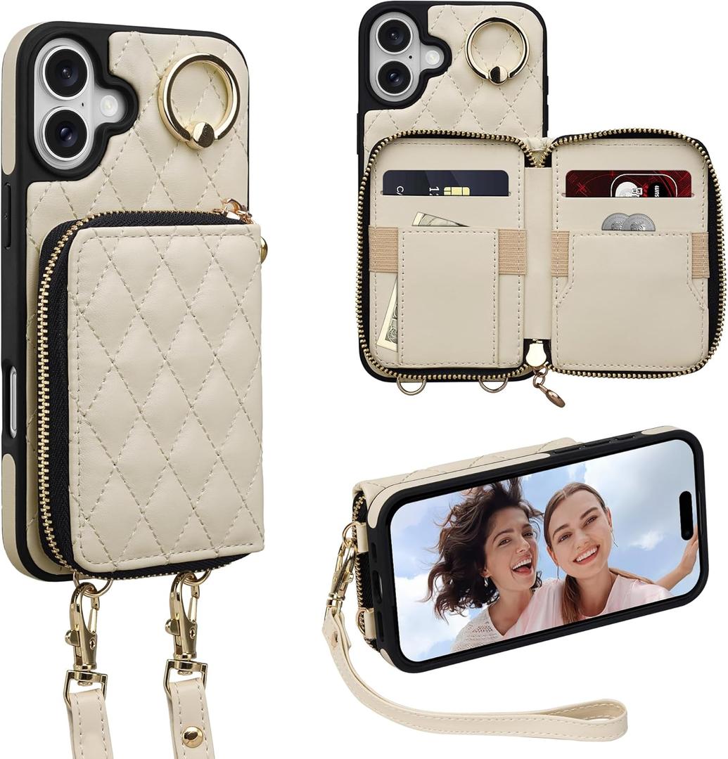 Keallce Case for iPhone 16 Plus 6.7'' Wallet Case, Crossbody Zipper Purse with Wristlet for Women, RFID Blocking Card Holders, 360 Ring Kickstand Flip Leather Case for iPhone 16 Plus, Beige