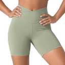 ODODOS Women's Crossover Yoga Shorts with Back Pocket, 6" Buttery Soft V High Waist Lounge Biker Shorts, Lime Stone, Medium