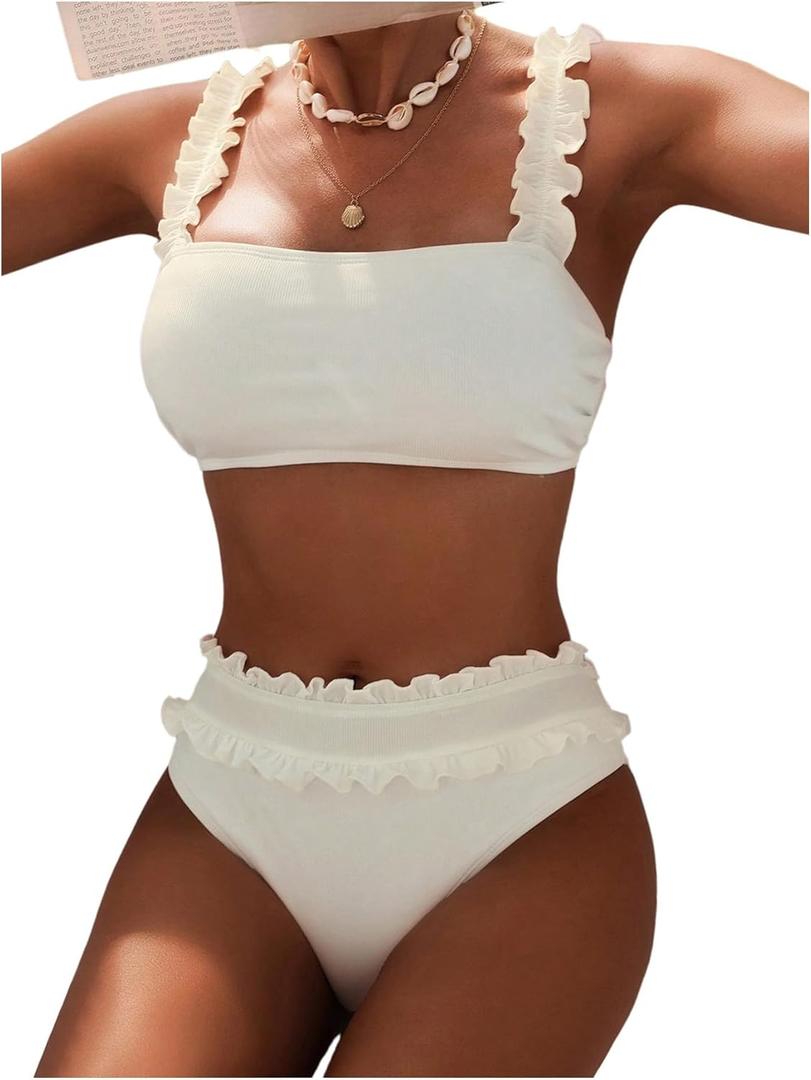 Verdusa Women's 2 Piece Ruffle Bikini Set Backless Swimsuit Bathing Suit, XS (White)