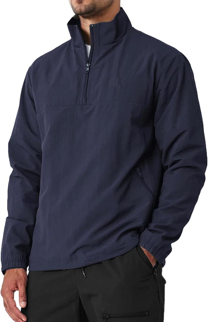 Aulemen Men's Casual Quarter Zip Pullover Golf Windbreakers Athletic Lightweight Jacket Hiking Running Sweatshirt with Pocket (Medium, Navy Blue)