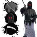 Kids Grim Reaper Costume with Glowing Red Eyes, Faceless Hood, Detachable Scythe, Long-Finger Gloves, Chain & Glasses