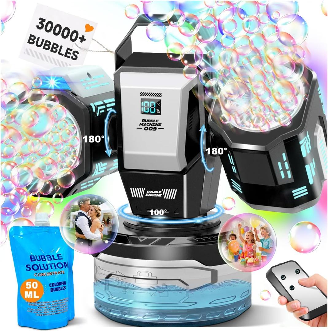 Rechargeable Bubble Machine with RGB Lights: 30,000 Bubbles Storm, Auto 360 Rotation & Remote Control - with Bubble Refill Solution & Power Display for Romantic Weddings, Kids Parties, Outdoor Fun (Black)