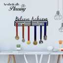 Generic Believe Achieve Medal Holder and 50 Ribbon Hanger Display for Gymnastics, Marathon and 5K Running, Dance, and Sports, Large Award and Trophy Shelf, Steel Wall Mount with Hardware, Black