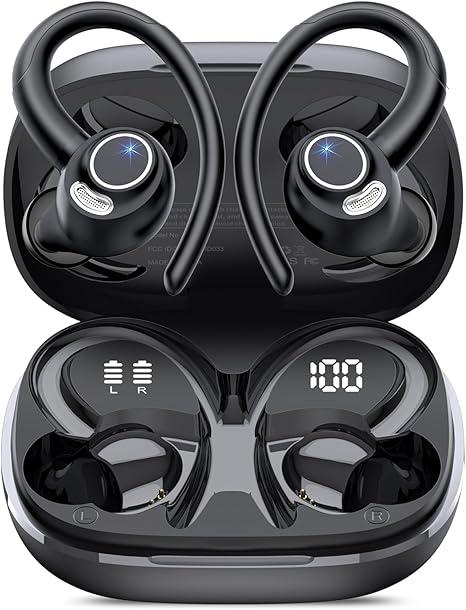 Wireless Earbuds, Bluetooth 5.4 Headphones Sport, Over Ear Buds With ENC Noise Cancelling Mic, 48H, Wireless Earphone With Earhooks, Stereo Deep Bass, IP7 Waterproof ear bud for Workout Running, Black