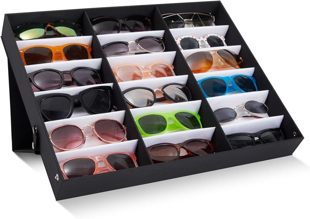 Juvale 18 Slot Sunglass Organizer, Display Case Storage for Women and Men, Eyeglasses (Black, 18.7 x 14.9 x 2.4 In)