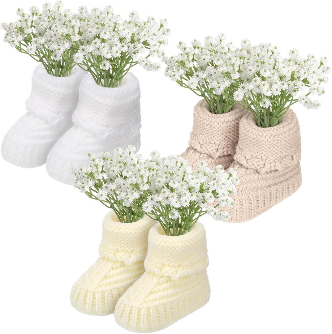 Chicingyou 3 Set Baby Shower Table Decorations Crochet Knitted Baby Booties Bulk with Dried Pampas Grass Bouquet Boho Table Centerpieces Gender Reveal Party Decor