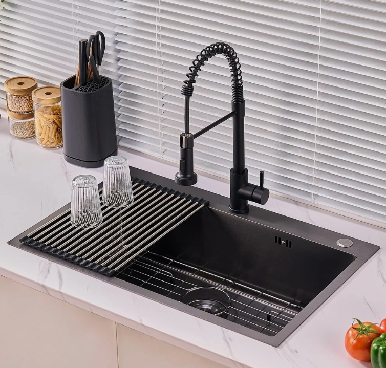 Kiamates Top-mount Kitchen Sink,25 inch Drop in Black Kitchen Sink Single Bowl,9 inch Deep Handmade Overmount Kitchen Sink, T304 Stainless Steel Nano Black Workstation Sink and Faucet with Accessories