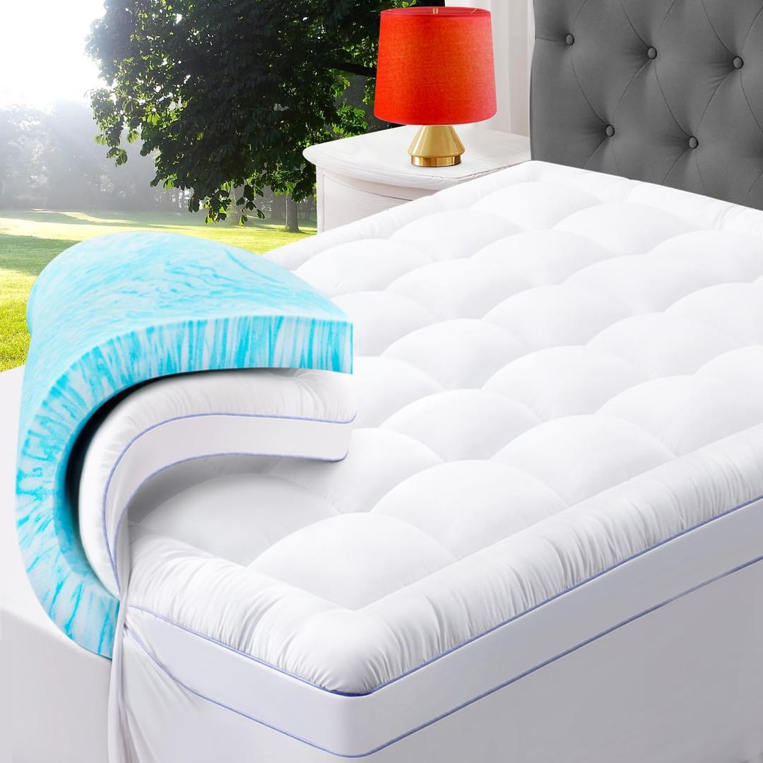 ABENE King Size Dual Layer 3 Inch Memory Foam Mattress Topper, 2 Inch Memory Foam Bed Pad Plus 1 Inch Down Alternative Pillowtop Mattress Pad Cover, Plush Soft Bed Topper for Back Pain Relief, White