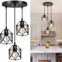 ROCUNSI 3Light Pendant Light Fixtures, Farmhouse Hanging Pendant Lighting, Dining Room Chandelier, Industrial Kitchen Island Hanging Light Fixture, Black Metal Cage Pendant Ceiling Lamp for Kitchen