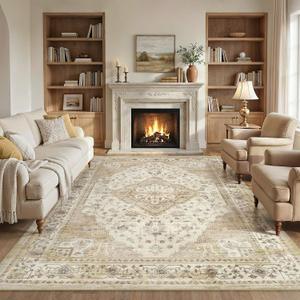 9x12 Rugs for Living Room, Washable Area Rug Beige Vintage Carpet for Bedroom Dining Room Nursery, Non-Slip Soft Thin Stain Resistant, Retro Floral Rugs