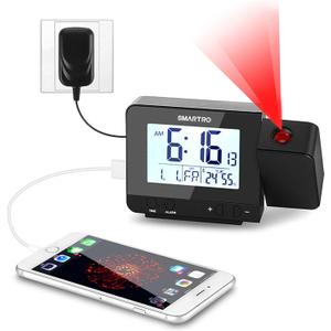 SMARTRO Digital Projection Alarm Clock for Bedrooms with Indoor Thermometer Hygrometer, USB Charger, Bedside Projector, Travel, AC and Battery Operated
