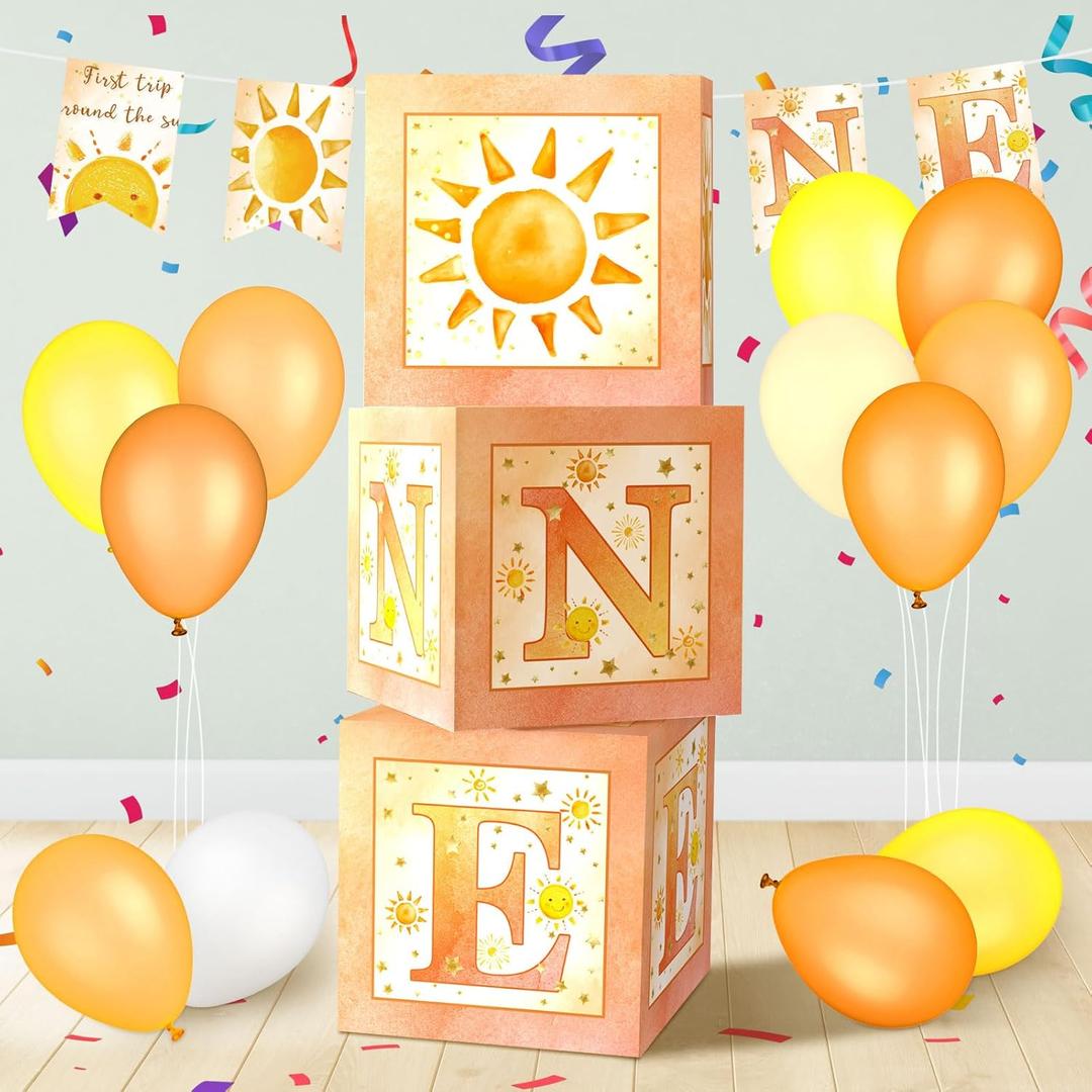 Honoson 3 Pcs First Trip Around The Sun Birthday Decorations for Boy Girl, One Balloon Boxes for 1st Birthday, Cake Smash Backdrop Baby Shower Photo Prop Supply