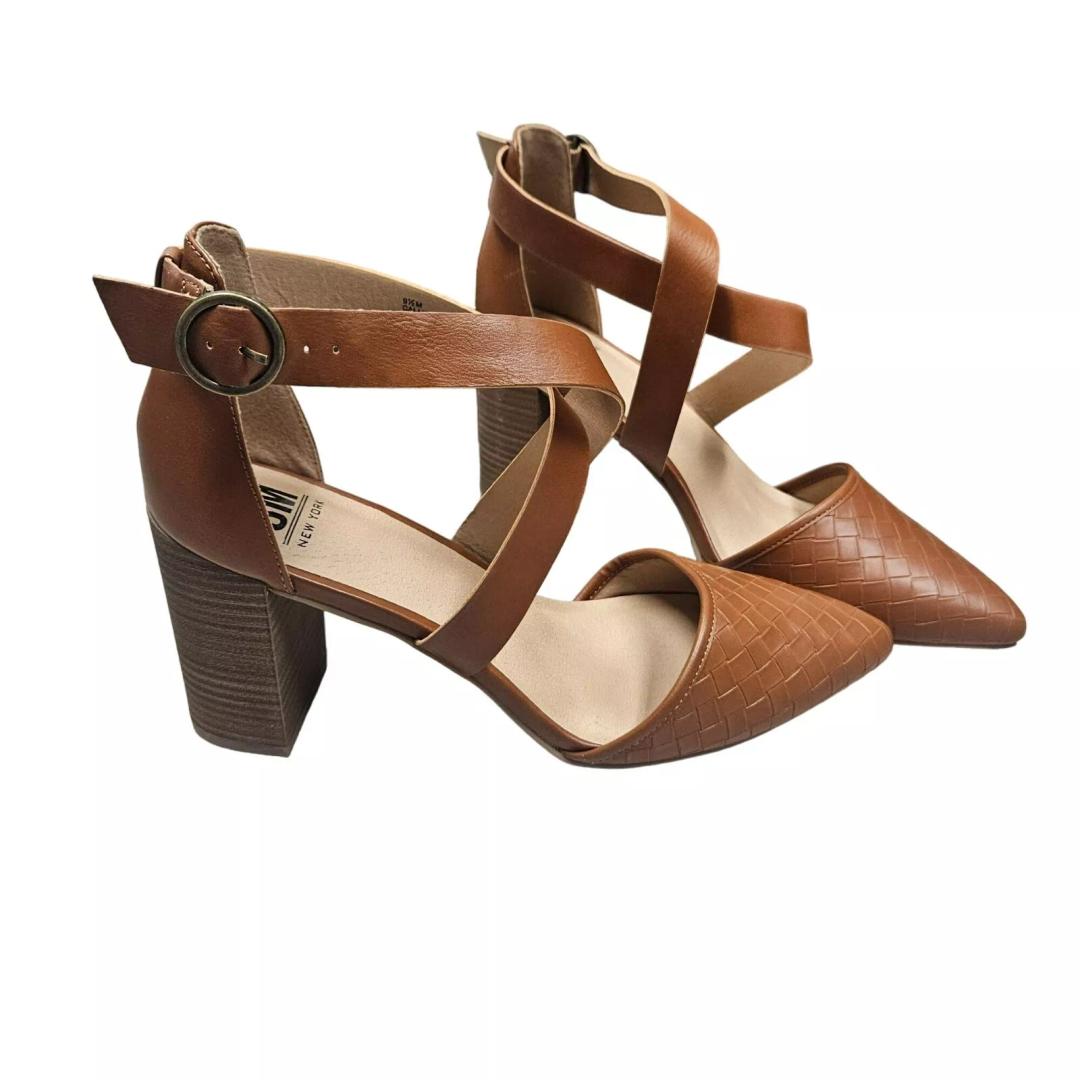 SM New York Brown Faux Leather Block Stacked Heel Ankle Strap Shoes Woven Buckle, Cognac 7.5
