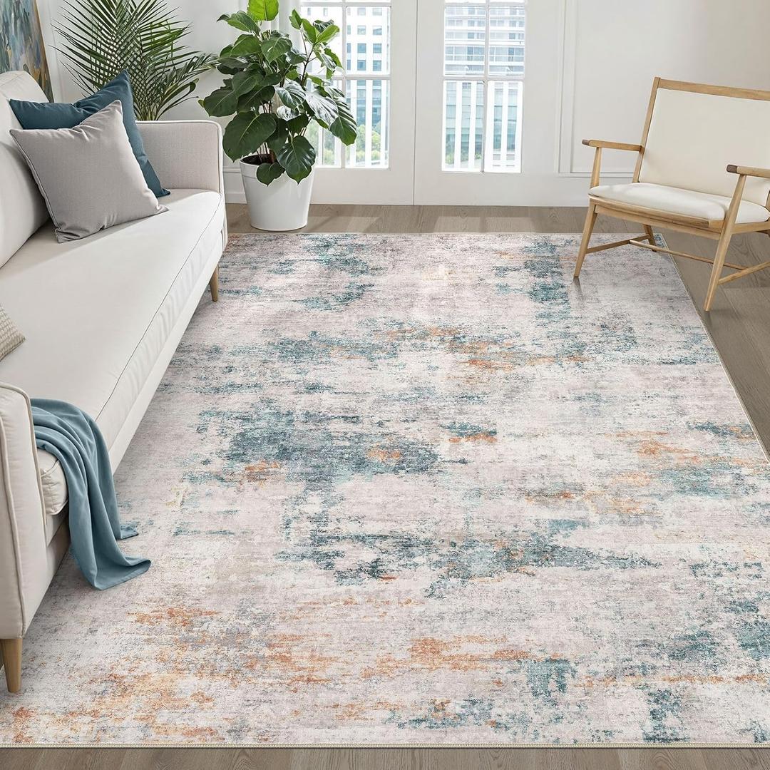 5x7 Area Rugs Living Room: Washable Large Neutral Aqua Brown Rug Abstract Soft Modern Stain Resistant Indoor Floor Non-Slip Carpet for Bedroom Nursery Kids Office Playroom Dining Room Under Table