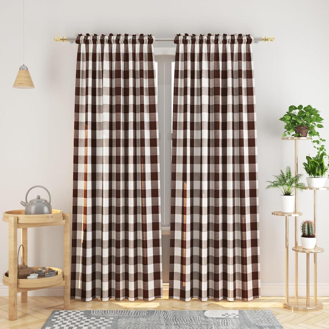 Buffalo Check Curtains 95 inches Long Cotton Basement Gingham Plaid Kitchen Window Curtain Panels Living Room Checker Drapes Bedroom Rod Pocket Window Treatment 2 Panels Brown and White