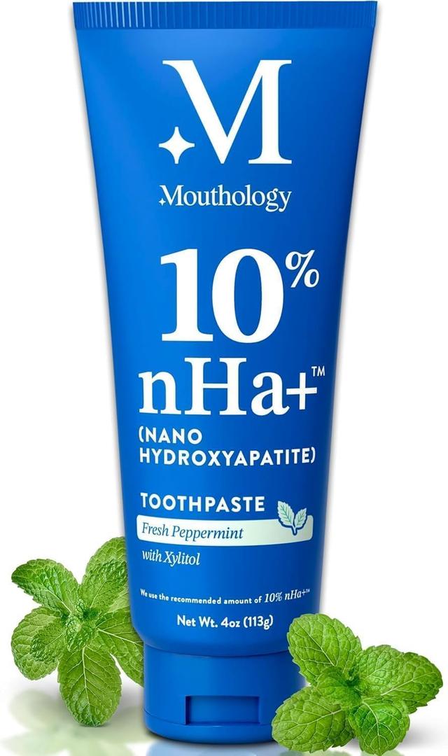 Mouthology 10% Nano Hydroxyapatite Toothpaste (4 Pack, Fluoride Free), Whitening*, Supports Enamel Care*, Appropriate for Sensitive Teeth*, SLS Free, Xylitol nHA Toothpaste Adults, Mint 4oz (USA Made)