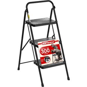 HBtower 3 Step Ladder, Step Stool with Wide Anti-Slip Pedal, Step Ladder Folding Step Stool for Adults, Lightweight Steel Portable ladders for Home Kitchen