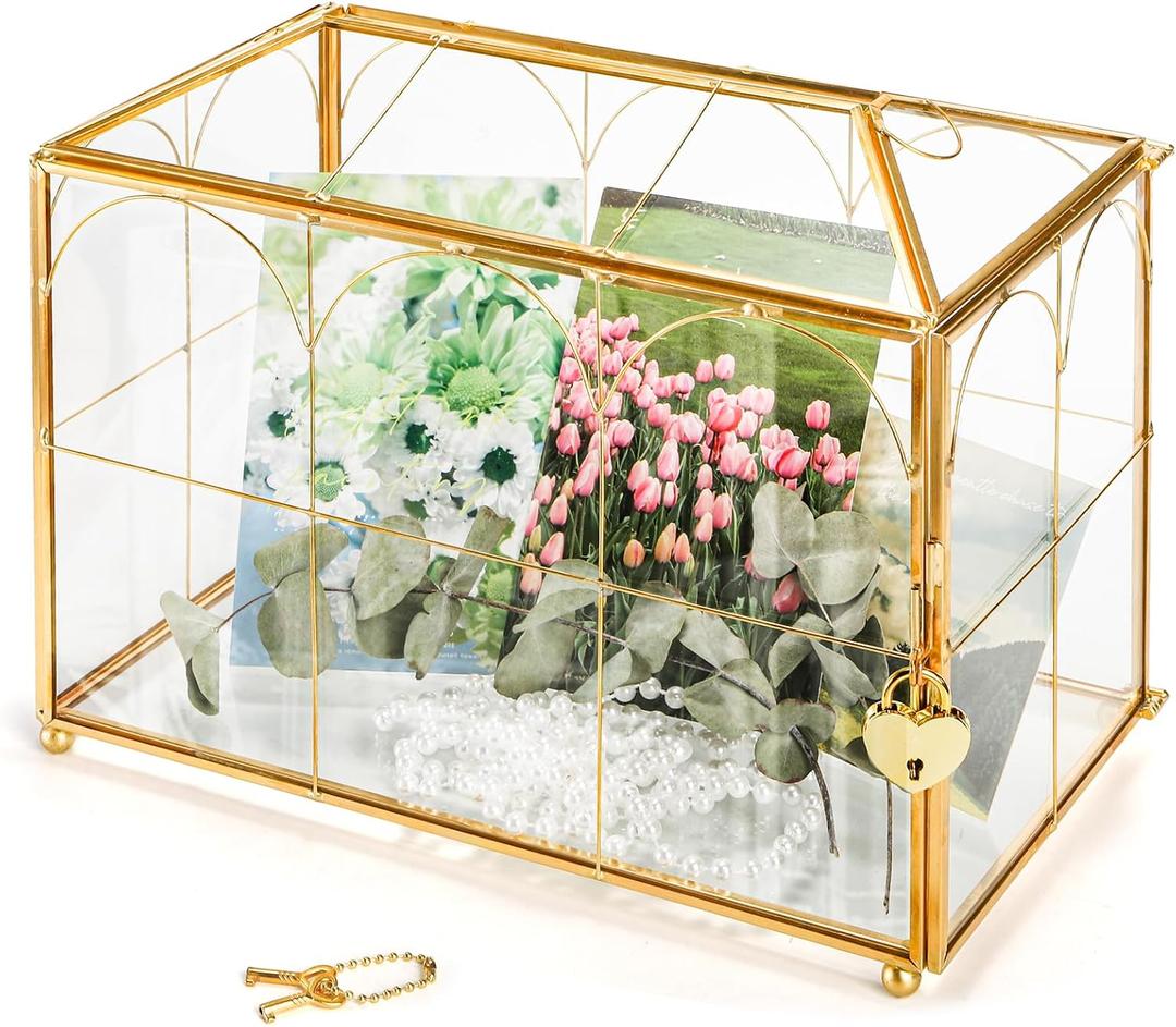 Okllen Glass Card Box with Slot, Large Gold Clear Card Box for Wedding Receptions, Decorative Storage Box with Lock for Baby Shower, Birthday Party, Bridal Shower