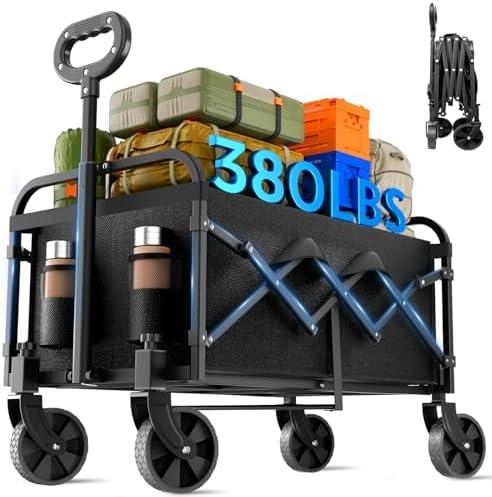 BEUSZATED Collapsible Wagon 380 lbs, Heavy Duty Wagons Carts Foldable, Shopping Cart with All-Terrain Wheels & 2 Drink Holders, Weatherproof, Wagon Cart for Home, Outdoor,Beach,Camping, Sports, Black