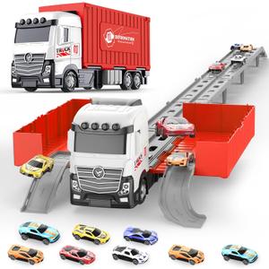 Transformable Truck & 3 Layer Race Track Playset, 62 inch Spring-Powered Track Toddlers Toys with 8 Cars & Parking Garage, Toy Trucks for Kids Ages 3-6, Birthday & Xmas Gifts for Boys Girls