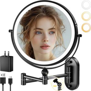9" Wall Mounted Lighted Makeup Mirror,4000mAh Rechargeable Double Sided 1X/10X Magnifying Mirror with Light,3 Color Lights,Touch Dimmable,Extended Arm 360 Rotation Wall Mounted Makeup Mirror (Black)