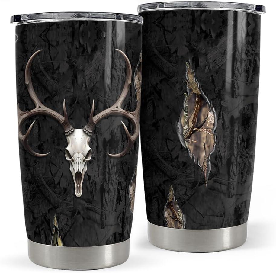 SANDJEST Hunting Tumbler 20oz Stainless Steel Insulated Coffee Travel Mug Cup for Men Hunter Gifts for Hunting Lovers on Birthday Christmas Fathers Day (Skull)