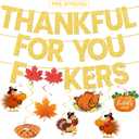 Pre-Strung Friendsgiving Banner, Gold Glitter Friendsgiving Party Decorations,Funny Thanksgiving Decorations with Hanging Swirls for Indoor Home Office