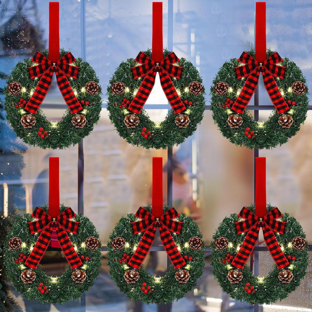 Libima 6 Pcs Mini Christmas Wreath 12 Inch Pre Lit Lighted Christmas Wreath Hanging LED Outdoor Window Wreaths for Christmas with Buffalo Check Bowknot Pine Cone Red Berries Ribbon for Door Holiday