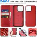 SHIELDON Wallet Case for iPhone 16 Pro Max 6.9", Genuine Leather 2 in 1 Removable Folio Magnetic Wireless Charging RFID Blocking Card Holder Kickstand Compatible with iPhone 16 Pro Max - Retro Red