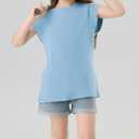 Girls Cap Sleeve T Shirts Kids Summer Crewneck Solid Tops Tees 5-14 Years (Blue)