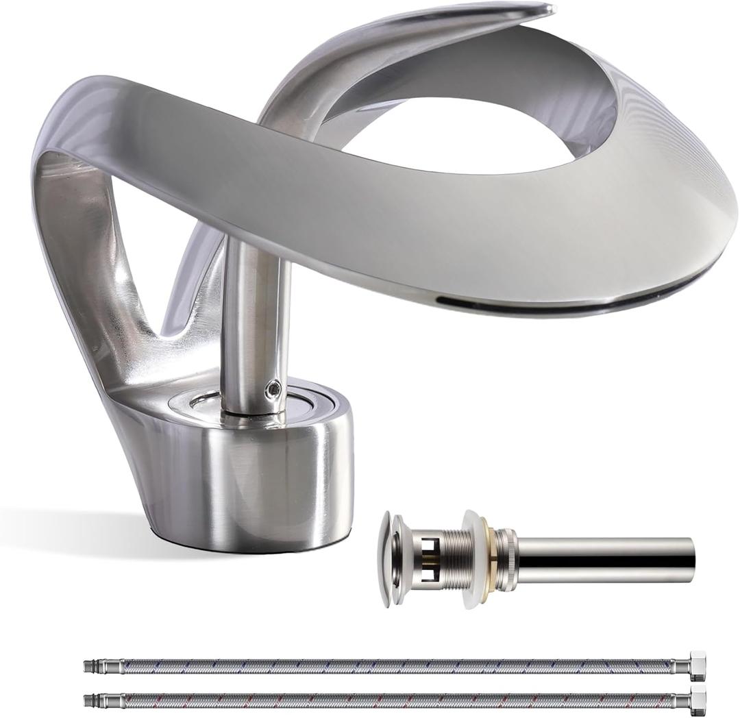 Elegant Bathroom Sink Faucet Single Hole,AUU Waterfall Brushed Nickel Vanity Sink Faucet Solid Brass,Single Handle Basin Tap with Pop Up Drian Supply Line (Brushed Nickel, Short)