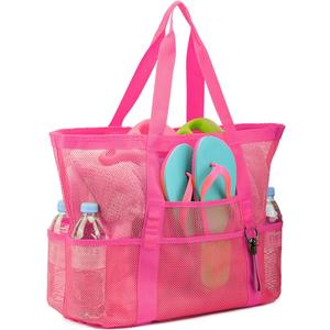 Large Mesh Beach Tote Bag 9 Pockets Lightweight Pool Bags for Sand Toys Family Travel