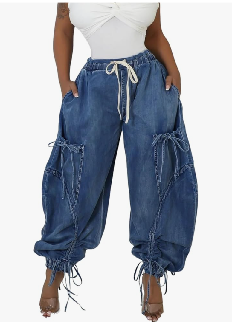 Women Baggy Barrel Jeans High Waisted Y2k Drawstring Bow Tie Cargo Jean Retro Wide Leg Ankle Denim Joggers, L